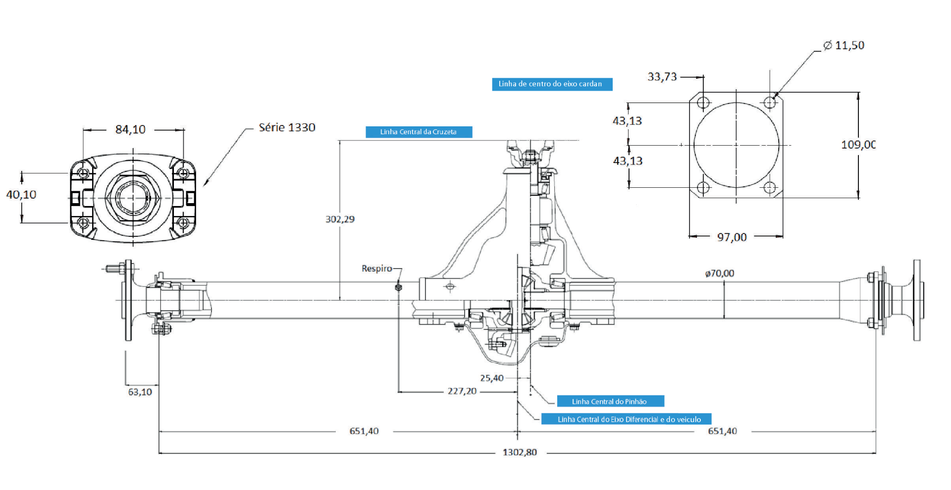Eixo Dana 44 — desenho técnico com dimensões